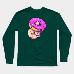 Doughnut With Hand Cartoon Illustration Long Sleeve T-Shirt